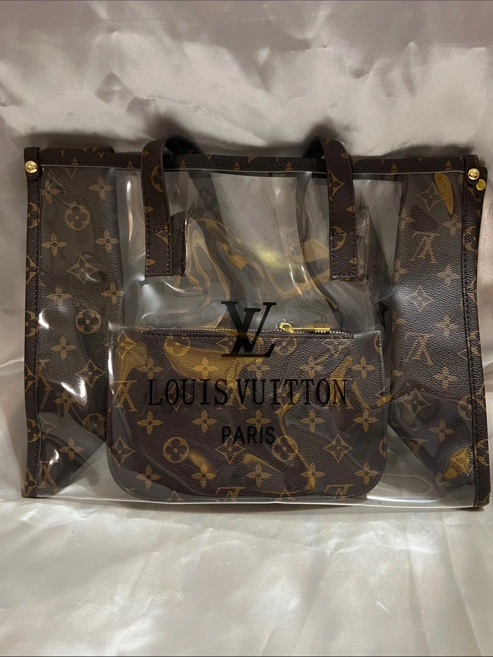 Signature Clear PVC Tote with Brown Monogram Trim - Picture 1 of 3